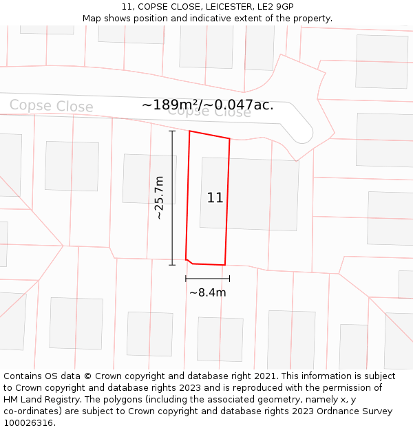 11, COPSE CLOSE, LEICESTER, LE2 9GP: Plot and title map