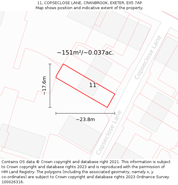 11, COPSECLOSE LANE, CRANBROOK, EXETER, EX5 7AP: Plot and title map