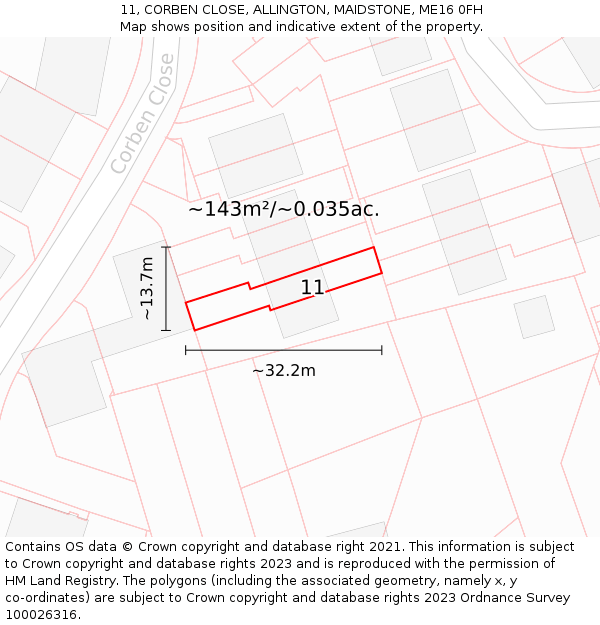 11, CORBEN CLOSE, ALLINGTON, MAIDSTONE, ME16 0FH: Plot and title map
