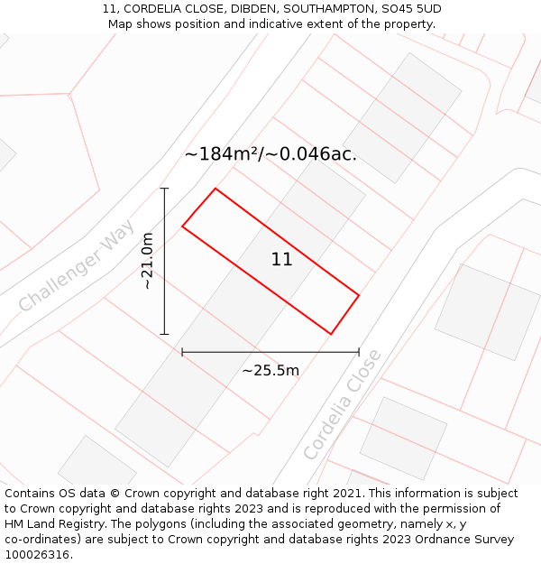11, CORDELIA CLOSE, DIBDEN, SOUTHAMPTON, SO45 5UD: Plot and title map