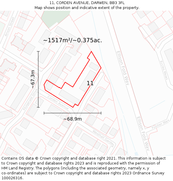 11, CORDEN AVENUE, DARWEN, BB3 3FL: Plot and title map