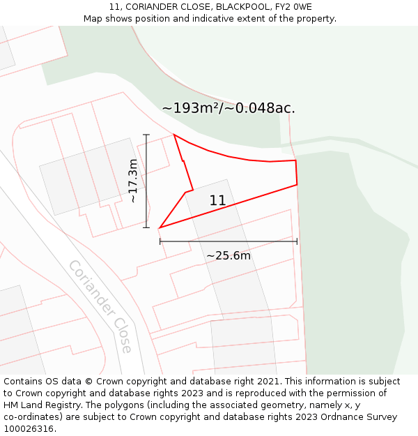 11, CORIANDER CLOSE, BLACKPOOL, FY2 0WE: Plot and title map