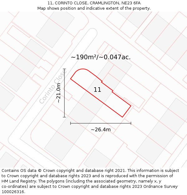 11, CORINTO CLOSE, CRAMLINGTON, NE23 6FA: Plot and title map
