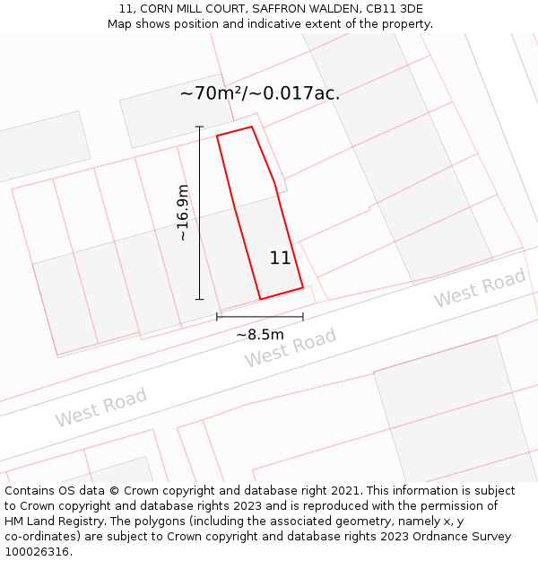 11, CORN MILL COURT, SAFFRON WALDEN, CB11 3DE: Plot and title map