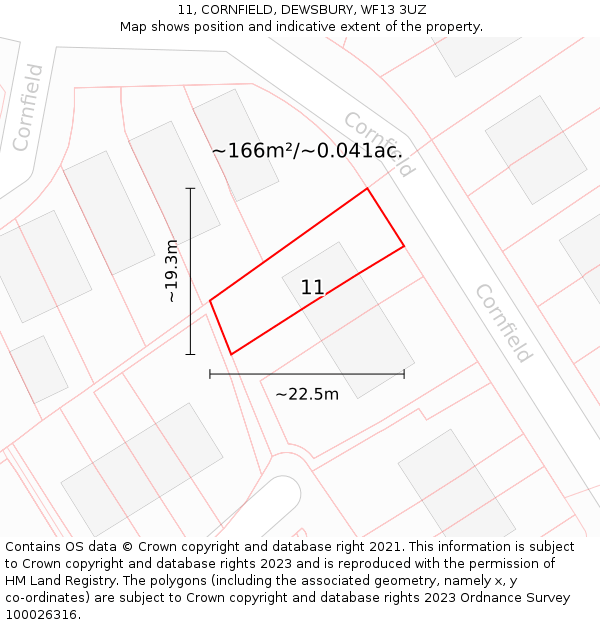 11, CORNFIELD, DEWSBURY, WF13 3UZ: Plot and title map