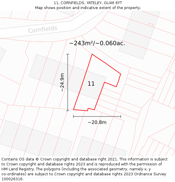 11, CORNFIELDS, YATELEY, GU46 6YT: Plot and title map