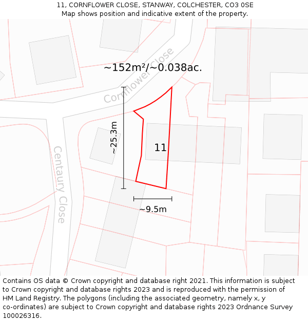 11, CORNFLOWER CLOSE, STANWAY, COLCHESTER, CO3 0SE: Plot and title map