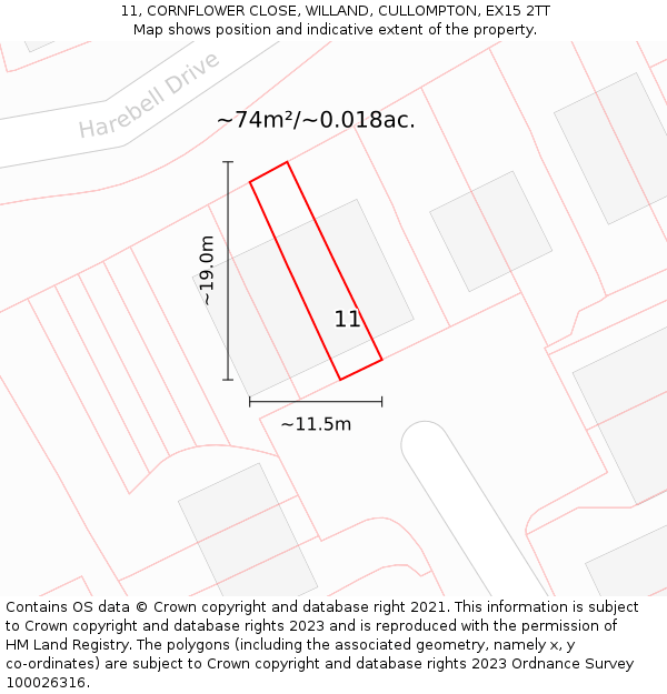 11, CORNFLOWER CLOSE, WILLAND, CULLOMPTON, EX15 2TT: Plot and title map