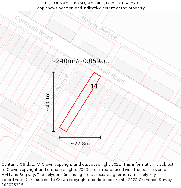 11, CORNWALL ROAD, WALMER, DEAL, CT14 7SD: Plot and title map