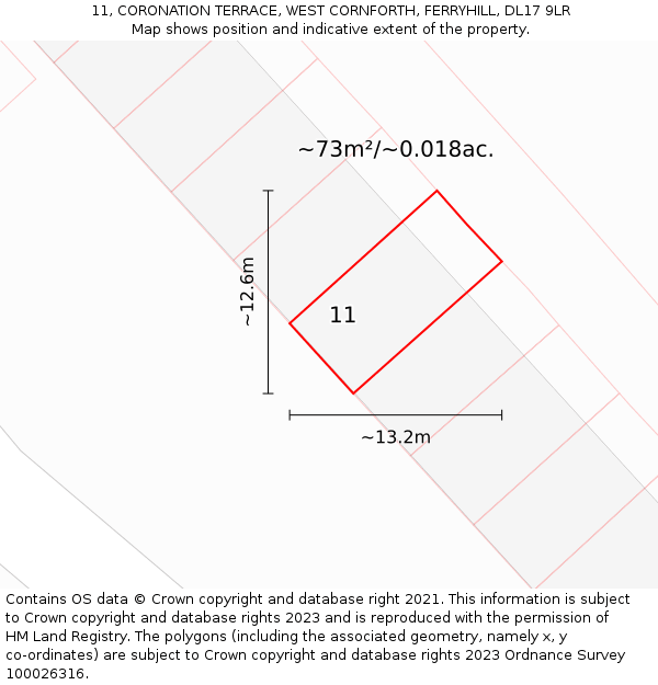 11, CORONATION TERRACE, WEST CORNFORTH, FERRYHILL, DL17 9LR: Plot and title map