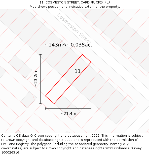11, COSMESTON STREET, CARDIFF, CF24 4LP: Plot and title map