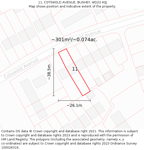 11, COTSWOLD AVENUE, BUSHEY, WD23 4QJ: Plot and title map