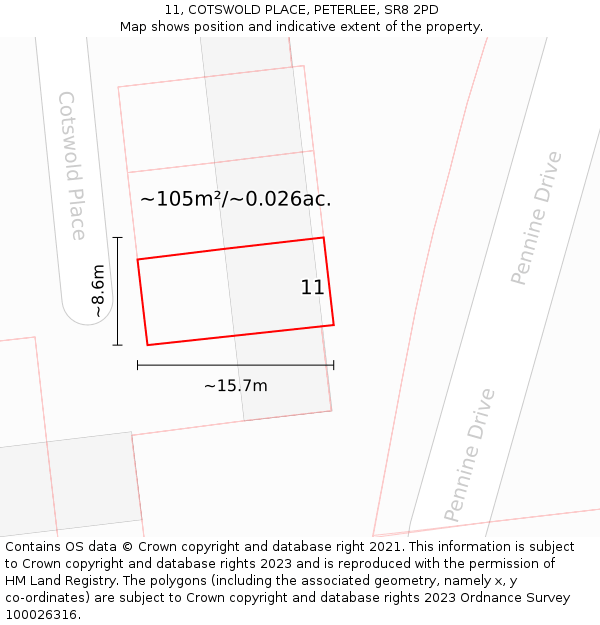 11, COTSWOLD PLACE, PETERLEE, SR8 2PD: Plot and title map