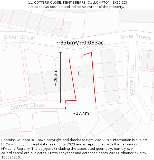 11, COTTERS CLOSE, KENTISBEARE, CULLOMPTON, EX15 2DJ: Plot and title map