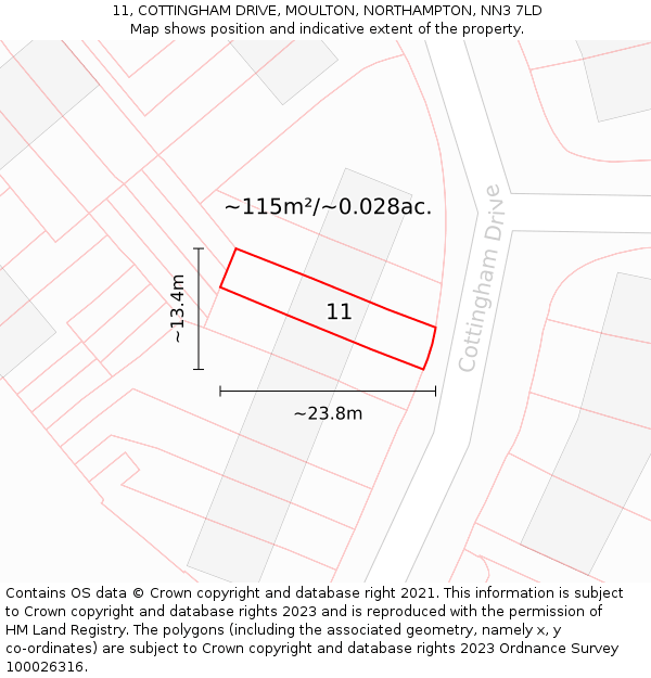 11, COTTINGHAM DRIVE, MOULTON, NORTHAMPTON, NN3 7LD: Plot and title map