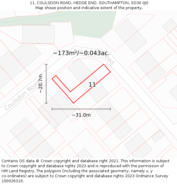 11, COULSDON ROAD, HEDGE END, SOUTHAMPTON, SO30 0JS: Plot and title map