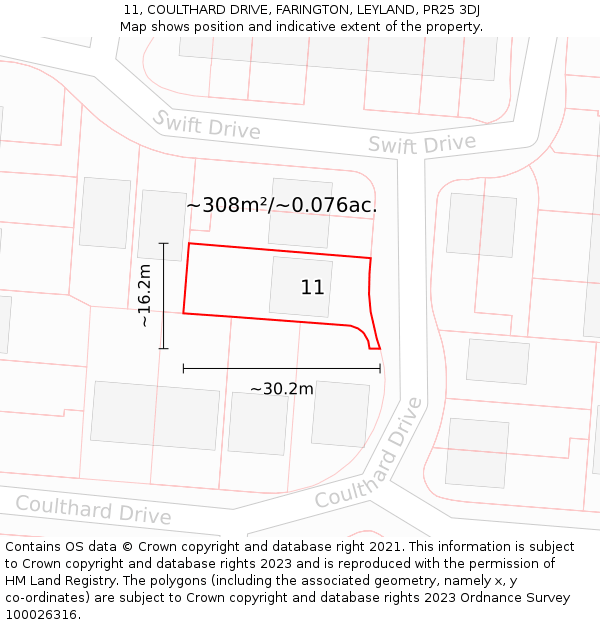 11, COULTHARD DRIVE, FARINGTON, LEYLAND, PR25 3DJ: Plot and title map