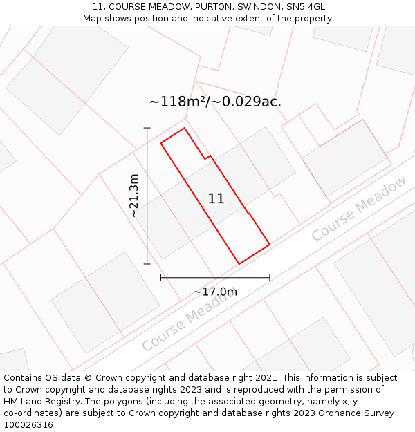 11, COURSE MEADOW, PURTON, SWINDON, SN5 4GL: Plot and title map