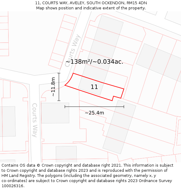 11, COURTS WAY, AVELEY, SOUTH OCKENDON, RM15 4DN: Plot and title map