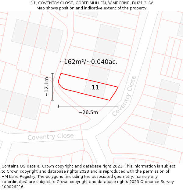 11, COVENTRY CLOSE, CORFE MULLEN, WIMBORNE, BH21 3UW: Plot and title map