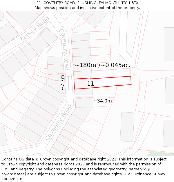 11, COVENTRY ROAD, FLUSHING, FALMOUTH, TR11 5TX: Plot and title map