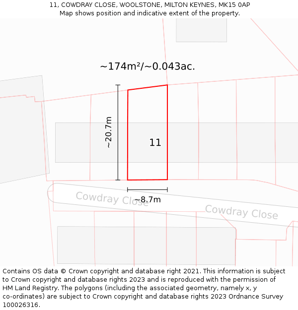 11, COWDRAY CLOSE, WOOLSTONE, MILTON KEYNES, MK15 0AP: Plot and title map