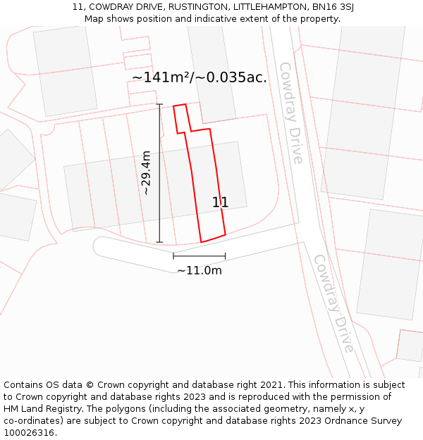 11, COWDRAY DRIVE, RUSTINGTON, LITTLEHAMPTON, BN16 3SJ: Plot and title map