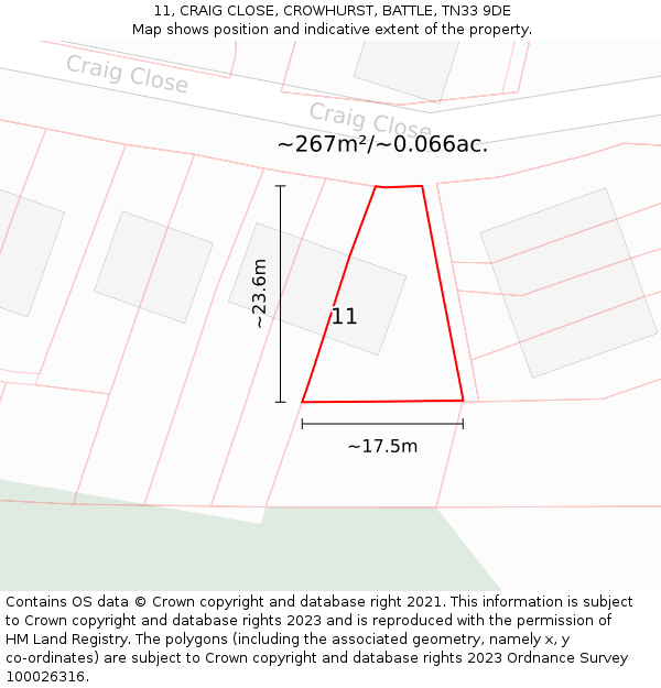 11, CRAIG CLOSE, CROWHURST, BATTLE, TN33 9DE: Plot and title map