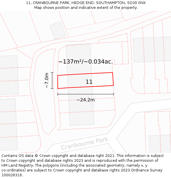 11, CRANBOURNE PARK, HEDGE END, SOUTHAMPTON, SO30 0NX: Plot and title map