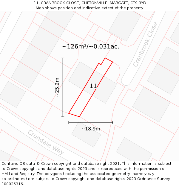 11, CRANBROOK CLOSE, CLIFTONVILLE, MARGATE, CT9 3YD: Plot and title map