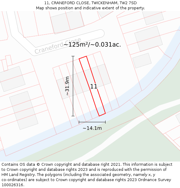 11, CRANEFORD CLOSE, TWICKENHAM, TW2 7SD: Plot and title map
