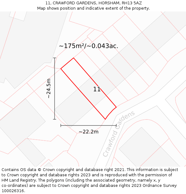 11, CRAWFORD GARDENS, HORSHAM, RH13 5AZ: Plot and title map