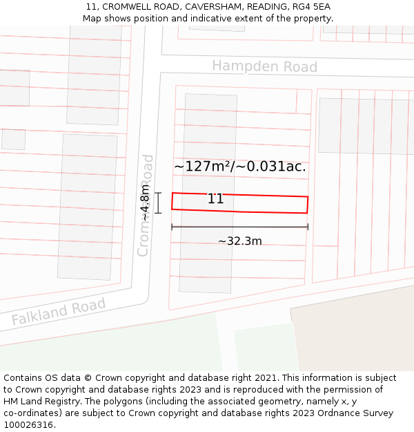 11, CROMWELL ROAD, CAVERSHAM, READING, RG4 5EA: Plot and title map