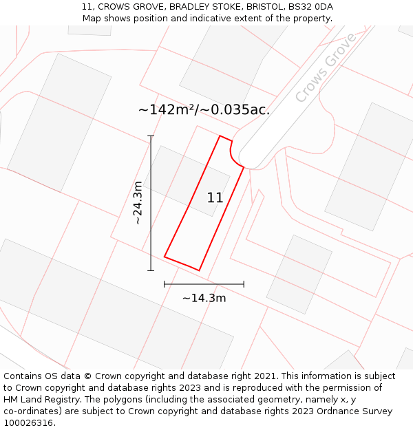 11, CROWS GROVE, BRADLEY STOKE, BRISTOL, BS32 0DA: Plot and title map