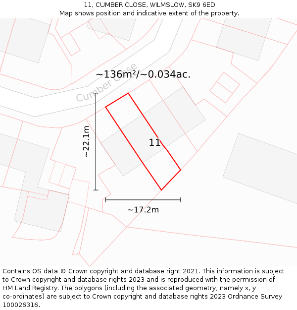 11, CUMBER CLOSE, WILMSLOW, SK9 6ED: Plot and title map