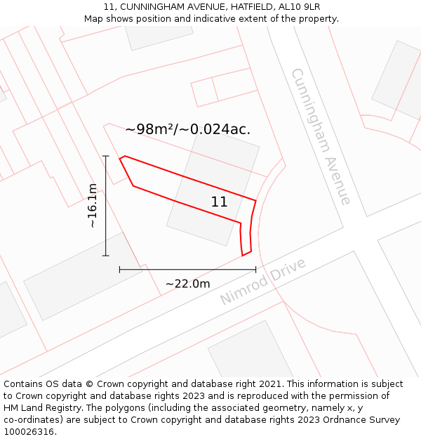 11, CUNNINGHAM AVENUE, HATFIELD, AL10 9LR: Plot and title map