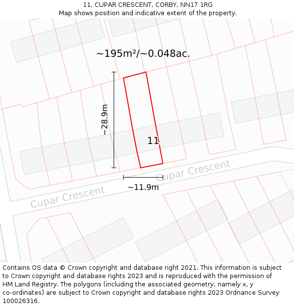 11, CUPAR CRESCENT, CORBY, NN17 1RG: Plot and title map