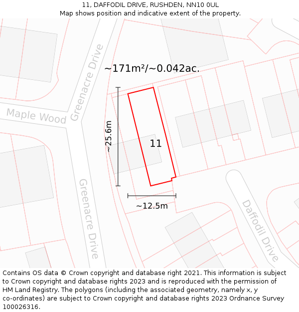 11, DAFFODIL DRIVE, RUSHDEN, NN10 0UL: Plot and title map