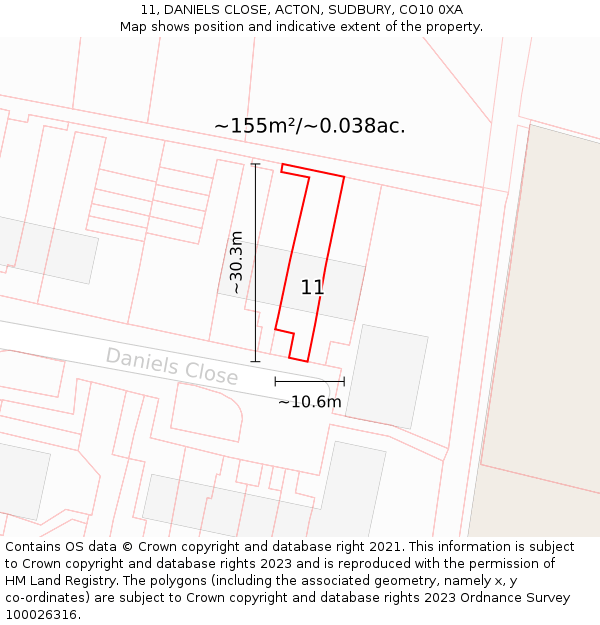 11, DANIELS CLOSE, ACTON, SUDBURY, CO10 0XA: Plot and title map