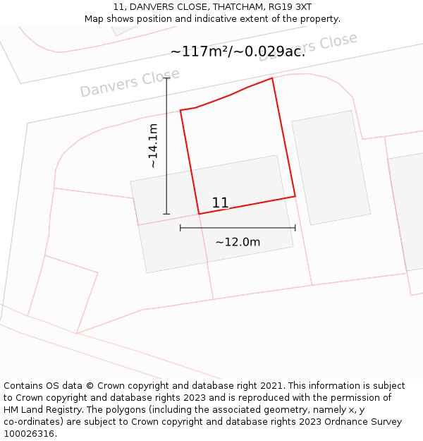 11, DANVERS CLOSE, THATCHAM, RG19 3XT: Plot and title map