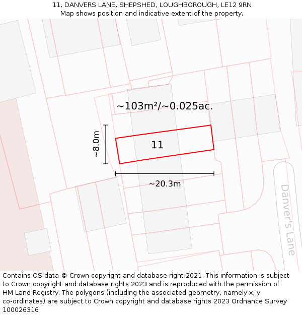 11, DANVERS LANE, SHEPSHED, LOUGHBOROUGH, LE12 9RN: Plot and title map