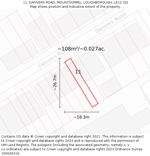 11, DANVERS ROAD, MOUNTSORREL, LOUGHBOROUGH, LE12 7JG: Plot and title map