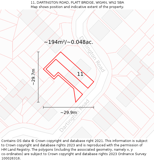 11, DARTINGTON ROAD, PLATT BRIDGE, WIGAN, WN2 5BA: Plot and title map