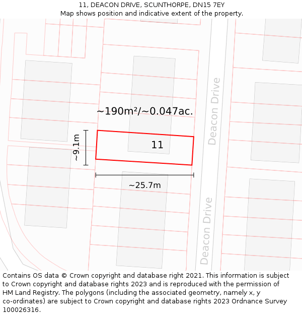 11, DEACON DRIVE, SCUNTHORPE, DN15 7EY: Plot and title map