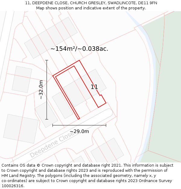 11, DEEPDENE CLOSE, CHURCH GRESLEY, SWADLINCOTE, DE11 9FN: Plot and title map