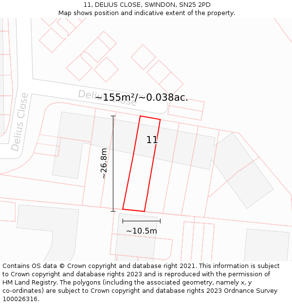 11, DELIUS CLOSE, SWINDON, SN25 2PD: Plot and title map