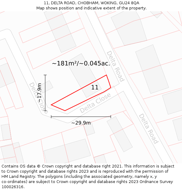 11, DELTA ROAD, CHOBHAM, WOKING, GU24 8QA: Plot and title map