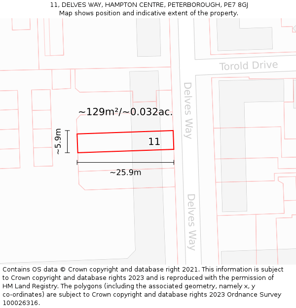 11, DELVES WAY, HAMPTON CENTRE, PETERBOROUGH, PE7 8GJ: Plot and title map