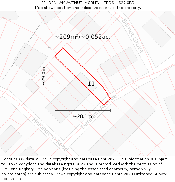 11, DENHAM AVENUE, MORLEY, LEEDS, LS27 0RD: Plot and title map