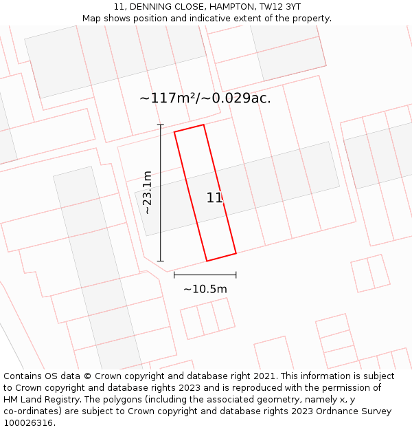 11, DENNING CLOSE, HAMPTON, TW12 3YT: Plot and title map